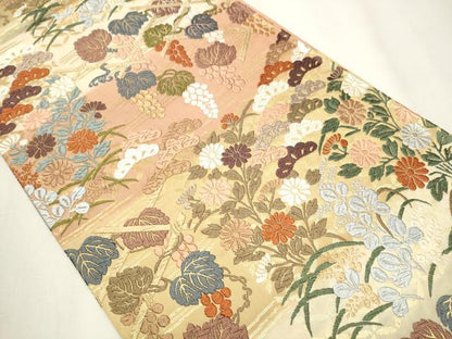 平和屋着物●六通柄袋帯　唐織　葡萄蔦の葉文　金糸　正絹　逸品　CABA0817hy