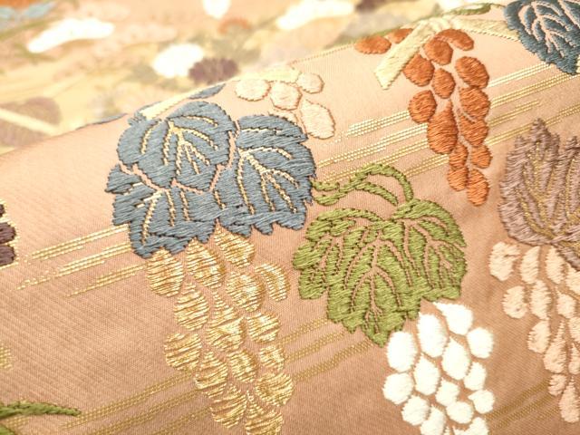 平和屋着物●六通柄袋帯　唐織　葡萄蔦の葉文　金糸　正絹　逸品　CABA0817hy