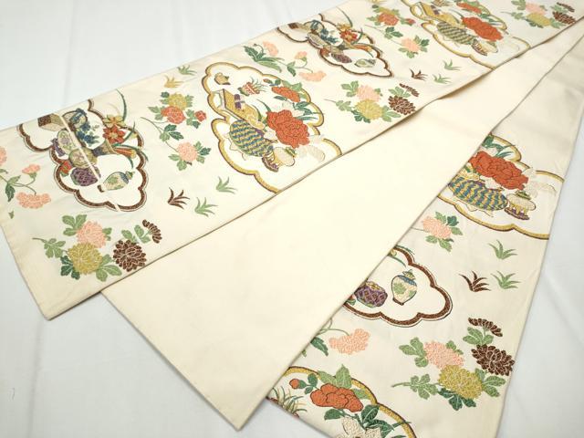 平和屋着物●六通柄袋帯　唐織　雲取陶器花文　金糸　正絹　逸品　CABA0829hy