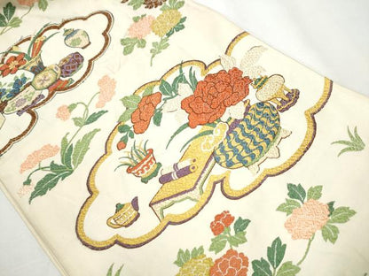 平和屋着物●六通柄袋帯　唐織　雲取陶器花文　金糸　正絹　逸品　CABA0829hy