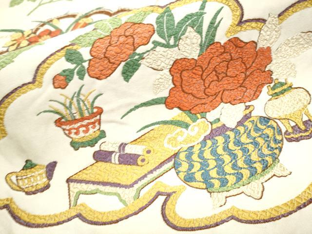 平和屋着物●六通柄袋帯　唐織　雲取陶器花文　金糸　正絹　逸品　CABA0829hy