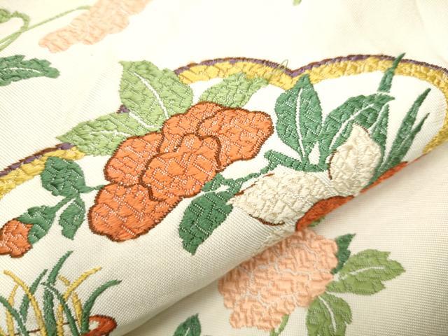 平和屋着物●六通柄袋帯　唐織　雲取陶器花文　金糸　正絹　逸品　CABA0829hy