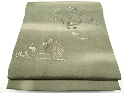 平和屋着物●アンティーク 大正ロマン 丸帯 総刺繍 草花鶴文 引き抜き帯 正絹 逸品 CABA0842hy
