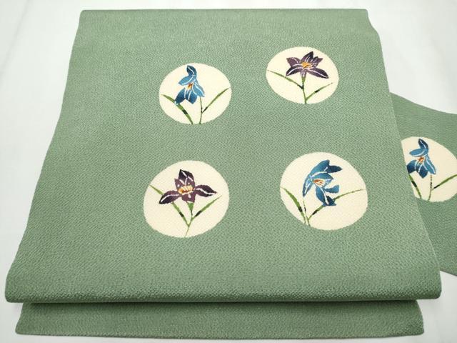 〖試着のみ〗正絹 名古屋帯 縮緬地 いろはにほへと 型染め 9寸 平和屋着物○九寸名古屋帯 型染め 花丸文 鬼しぼ縮緬 正絹