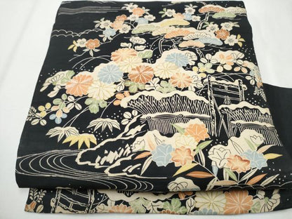 平和屋着物●アンティーク 大正ロマン 全通柄 九寸名古屋帯 駒刺繍 風景草花文 黒地 引き抜き帯 正絹 逸品 CABA0879hy