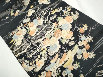 平和屋着物●アンティーク 大正ロマン 全通柄 九寸名古屋帯 駒刺繍 風景草花文 黒地 引き抜き帯 正絹 逸品 CABA0879hy