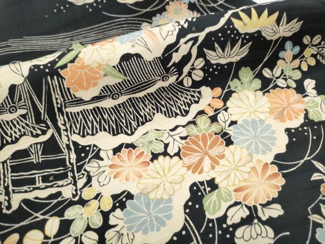 平和屋着物●アンティーク 大正ロマン 全通柄 九寸名古屋帯 駒刺繍 風景草花文 黒地 引き抜き帯 正絹 逸品 CABA0879hy