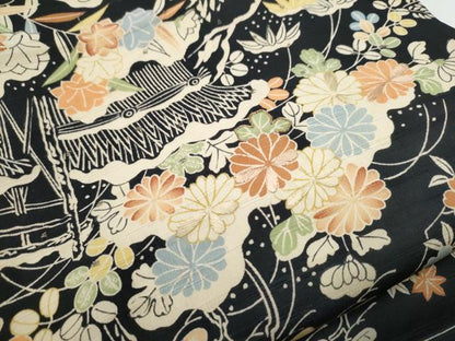 平和屋着物●アンティーク 大正ロマン 全通柄 九寸名古屋帯 駒刺繍 風景草花文 黒地 引き抜き帯 正絹 逸品 CABA0879hy