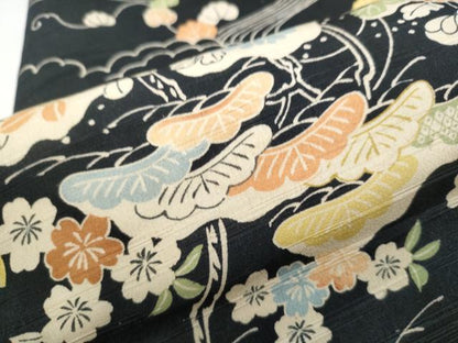 平和屋着物●アンティーク 大正ロマン 全通柄 九寸名古屋帯 駒刺繍 風景草花文 黒地 引き抜き帯 正絹 逸品 CABA0879hy