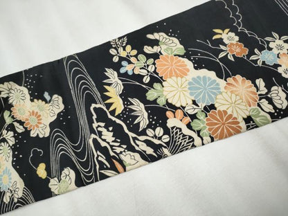 平和屋着物●アンティーク 大正ロマン 全通柄 九寸名古屋帯 駒刺繍 風景草花文 黒地 引き抜き帯 正絹 逸品 CABA0879hy