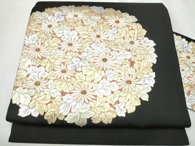 平和屋着物●中国三大刺繍　相良刺繍　総刺繍　塩瀬　九寸名古屋帯　草花丸文　黒地　金銀彩　正絹　逸品　CABA0893hy