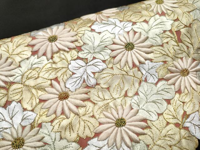 平和屋着物●中国三大刺繍　相良刺繍　総刺繍　塩瀬　九寸名古屋帯　草花丸文　黒地　金銀彩　正絹　逸品　CABA0893hy