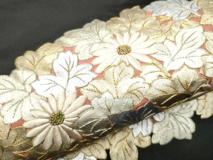平和屋着物●中国三大刺繍　相良刺繍　総刺繍　塩瀬　九寸名古屋帯　草花丸文　黒地　金銀彩　正絹　逸品　CABA0893hy