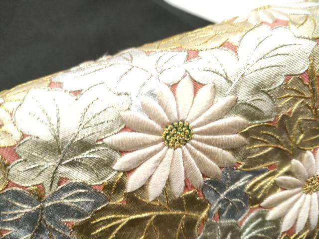 平和屋着物●中国三大刺繍　相良刺繍　総刺繍　塩瀬　九寸名古屋帯　草花丸文　黒地　金銀彩　正絹　逸品　CABA0893hy