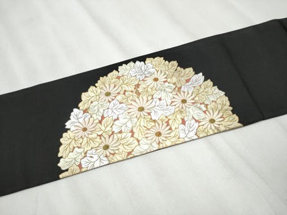 平和屋着物●中国三大刺繍　相良刺繍　総刺繍　塩瀬　九寸名古屋帯　草花丸文　黒地　金銀彩　正絹　逸品　CABA0893hy