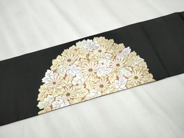 平和屋着物●中国三大刺繍　相良刺繍　総刺繍　塩瀬　九寸名古屋帯　草花丸文　黒地　金銀彩　正絹　逸品　CABA0893hy