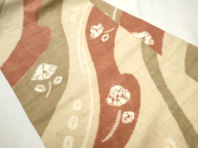 平和屋着物●九寸名古屋帯　生紬　絞り　枝花文　正絹　逸品　CABA0908hy