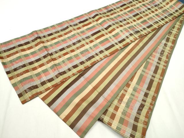 平和屋着物●両面　全通柄袋帯　横段花文　銀糸　正絹　逸品　CABA0911hy