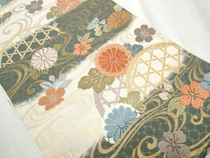 平和屋着物●六通柄袋帯 唐織 唐錦 流水花垣文 金糸 正絹 逸品 CABA0912hy