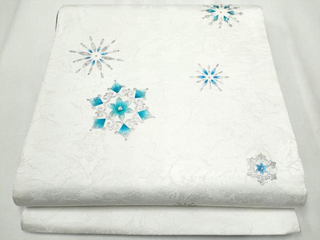 平和屋着物●両面 太鼓柄袋帯 作家物 ラインストーン 雪花文 銀彩 正絹 逸品 CABA0927hy