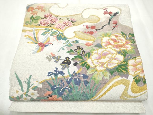 平和屋着物●爪掻き本綴れ 八寸名古屋帯 波取花鳥絵図 金銀糸 扇匠林謹製 保証書・共箱付き 正絹 逸品 CABA0938hy