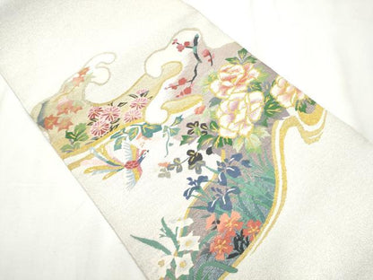 平和屋着物●爪掻き本綴れ 八寸名古屋帯 波取花鳥絵図 金銀糸 扇匠林謹製 保証書・共箱付き 正絹 逸品 CABA0938hy