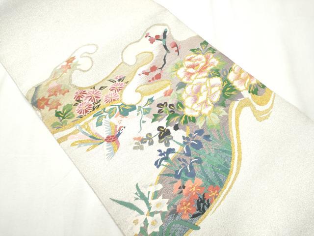 平和屋着物●爪掻き本綴れ 八寸名古屋帯 波取花鳥絵図 金銀糸 扇匠林謹製 保証書・共箱付き 正絹 逸品 CABA0938hy