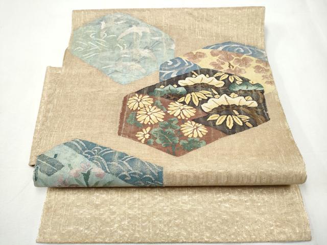 平和屋着物▽スリーシーズン　春夏秋　つけ帯　すくい織　飛鶴草花文　金銀糸　正絹　逸品　CABA0949hy