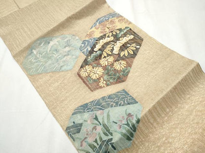平和屋着物▽スリーシーズン　春夏秋　つけ帯　すくい織　飛鶴草花文　金銀糸　正絹　逸品　CABA0949hy