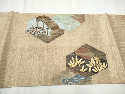 平和屋着物▽スリーシーズン　春夏秋　つけ帯　すくい織　飛鶴草花文　金銀糸　正絹　逸品　CABA0949hy