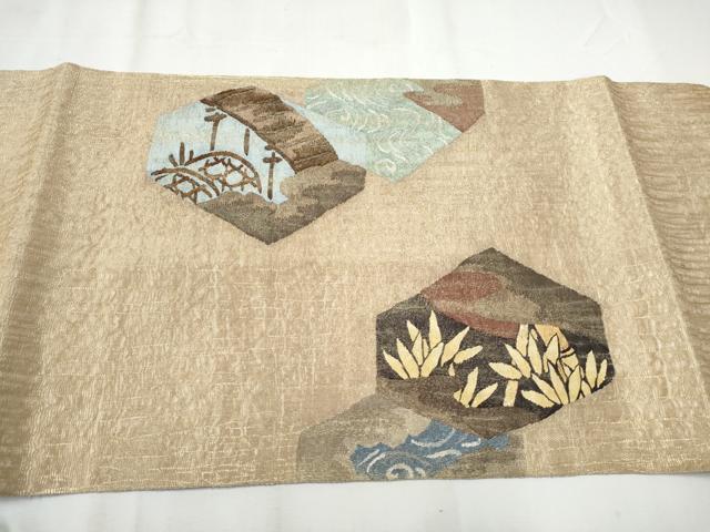 平和屋着物▽スリーシーズン　春夏秋　つけ帯　すくい織　飛鶴草花文　金銀糸　正絹　逸品　CABA0949hy