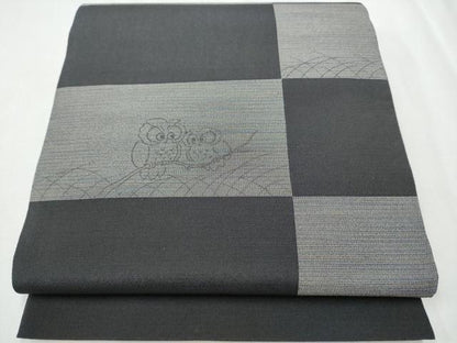 平和屋着物▽スリーシーズン 春夏秋 太鼓柄袋帯 フクロウ 黒地 正絹 逸品 CABA1023hy