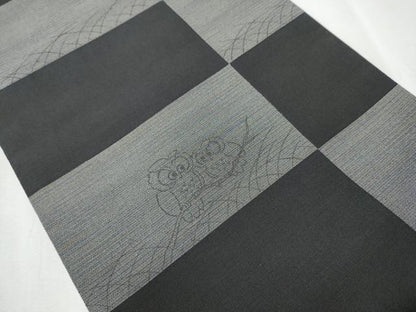 平和屋着物▽スリーシーズン 春夏秋 太鼓柄袋帯 フクロウ 黒地 正絹 逸品 CABA1023hy
