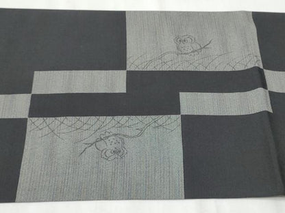 平和屋着物▽スリーシーズン 春夏秋 太鼓柄袋帯 フクロウ 黒地 正絹 逸品 CABA1023hy