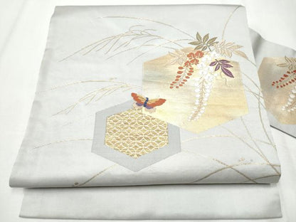 平和屋着物●九寸名古屋帯　唐織　亀甲花蝶文　金糸　正絹　逸品　CABA1054hy