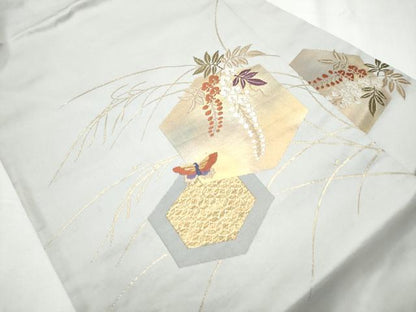平和屋着物●九寸名古屋帯　唐織　亀甲花蝶文　金糸　正絹　逸品　CABA1054hy