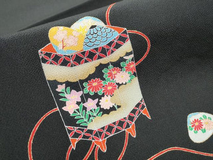 平和屋着物●九寸開き名古屋帯 貝桶花文 黒地 金彩 鬼しぼ縮緬 正絹 逸品 CABA1081hy