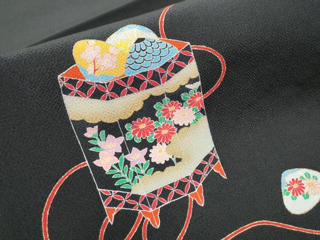平和屋着物●九寸開き名古屋帯 貝桶花文 黒地 金彩 鬼しぼ縮緬 正絹 逸品 CABA1081hy