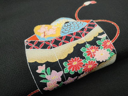 平和屋着物●九寸開き名古屋帯 貝桶花文 黒地 金彩 鬼しぼ縮緬 正絹 逸品 CABA1081hy