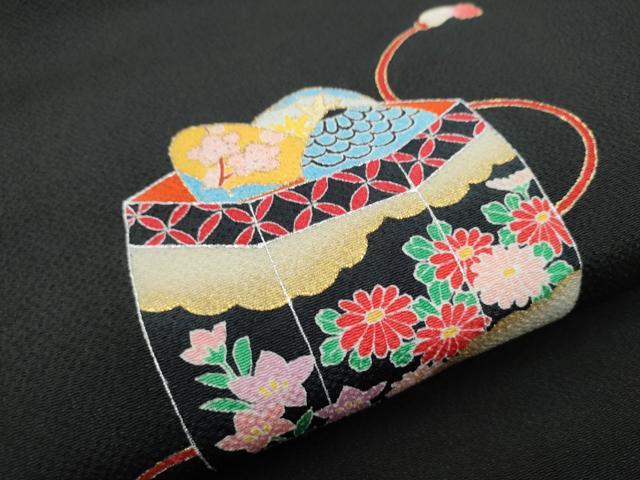 平和屋着物●九寸開き名古屋帯 貝桶花文 黒地 金彩 鬼しぼ縮緬 正絹 逸品 CABA1081hy