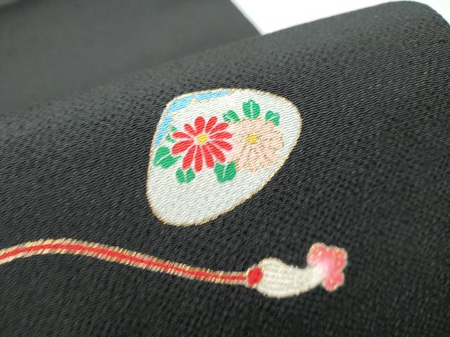 平和屋着物●九寸開き名古屋帯 貝桶花文 黒地 金彩 鬼しぼ縮緬 正絹 逸品 CABA1081hy