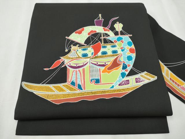 平和屋着物●塩瀬 九寸名古屋帯 型染め 船 黒地 金彩 正絹 逸品 CABA1089hy