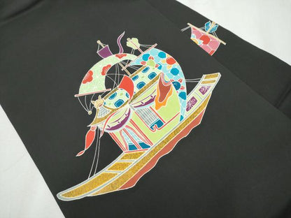 平和屋着物●塩瀬 九寸名古屋帯 型染め 船 黒地 金彩 正絹 逸品 CABA1089hy