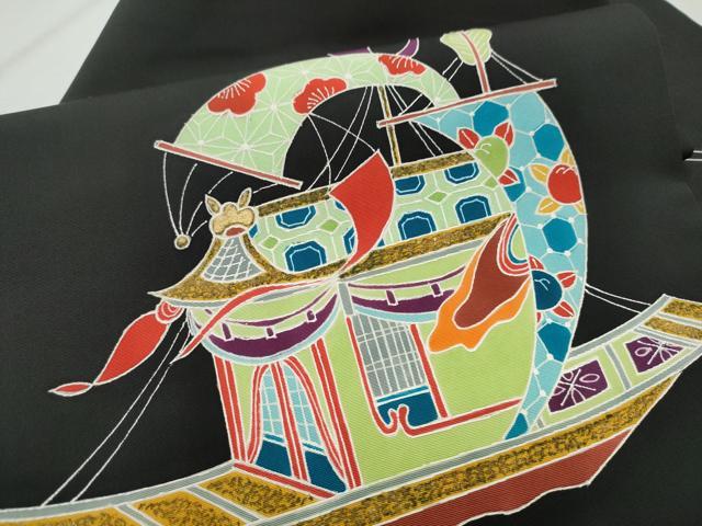 平和屋着物●塩瀬 九寸名古屋帯 型染め 船 黒地 金彩 正絹 逸品 CABA1089hy