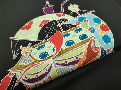 平和屋着物●塩瀬 九寸名古屋帯 型染め 船 黒地 金彩 正絹 逸品 CABA1089hy