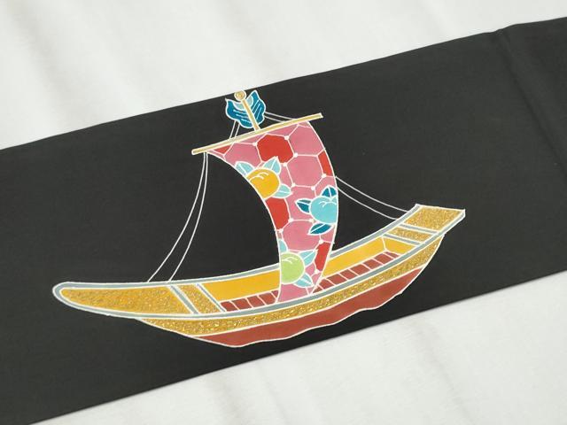 平和屋着物●塩瀬 九寸名古屋帯 型染め 船 黒地 金彩 正絹 逸品 CABA1089hy