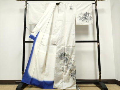 平和屋着物●訪問着 本場大島紬 白大島 7マルキ 手描き 遠山風景文 胴抜き仕立て 正絹 逸品 CABA1192hy
