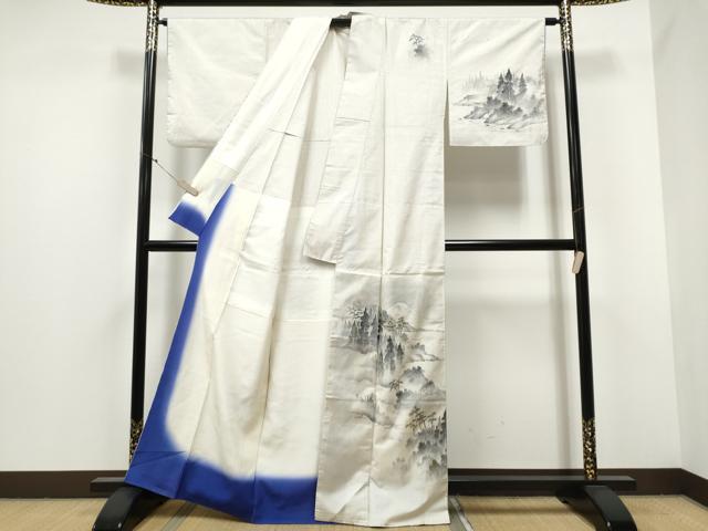平和屋着物●訪問着 本場大島紬 白大島 7マルキ 手描き 遠山風景文 胴抜き仕立て 正絹 逸品 CABA1192hy