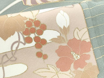 平和屋着物●豪華色留袖　駒刺繍　色紙重ね飛鶴草花文　金彩　正絹　逸品　CABA1196hy