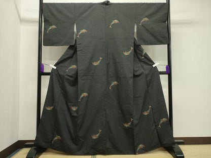 平和屋着物●上質な紬 イルカ 黒地 正絹 逸品 CABA1210gh